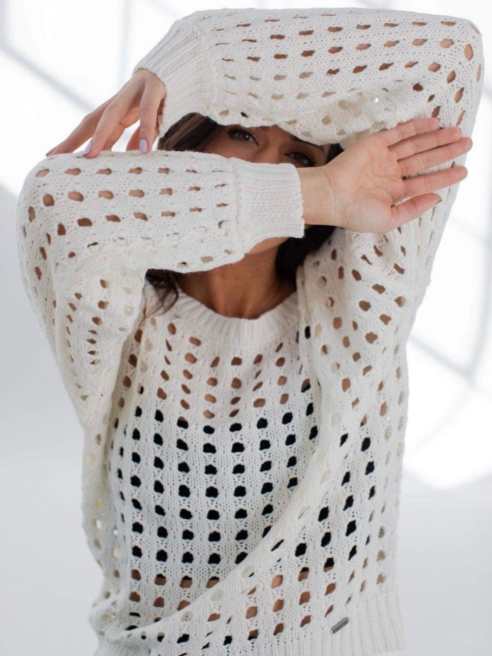 Savvi Lifestyle Co. Women's Cream Long Sleeve Scoop Neck Sweater with Holes 2XL